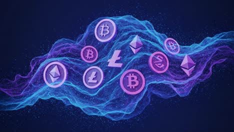 a fascinating display of cryptocurrency icons emerging from a vibrant wave of colors, representing a new era of digital currency and financial innovation