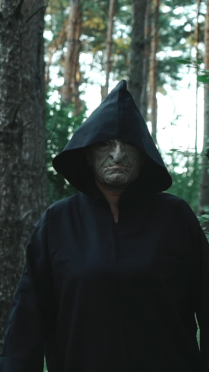 Evil ghost hiding in the woods near a large tree. Halloween costume.. Vertical video