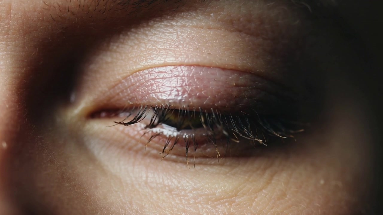 Reacting to rectangular glint, middle-aged woman's eye closing in studio closeup, showing eyeshadow