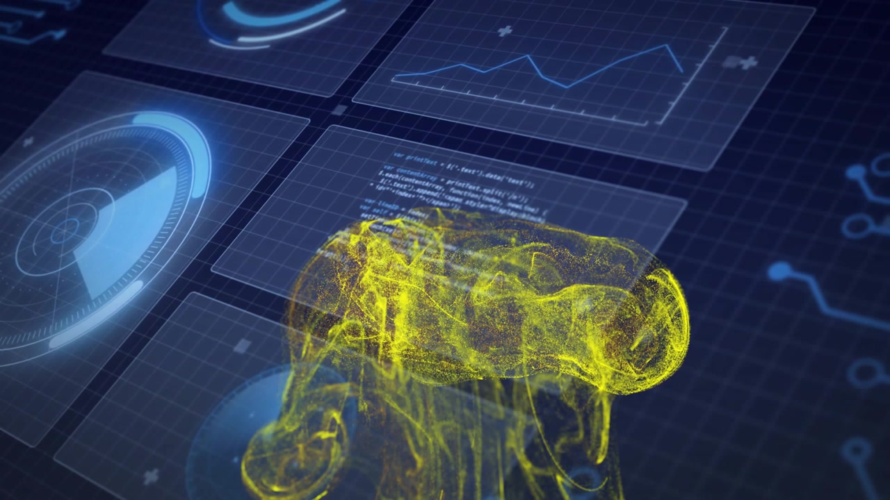 Code text appearing in data panel causing yellow particles rising and expanding into cloud