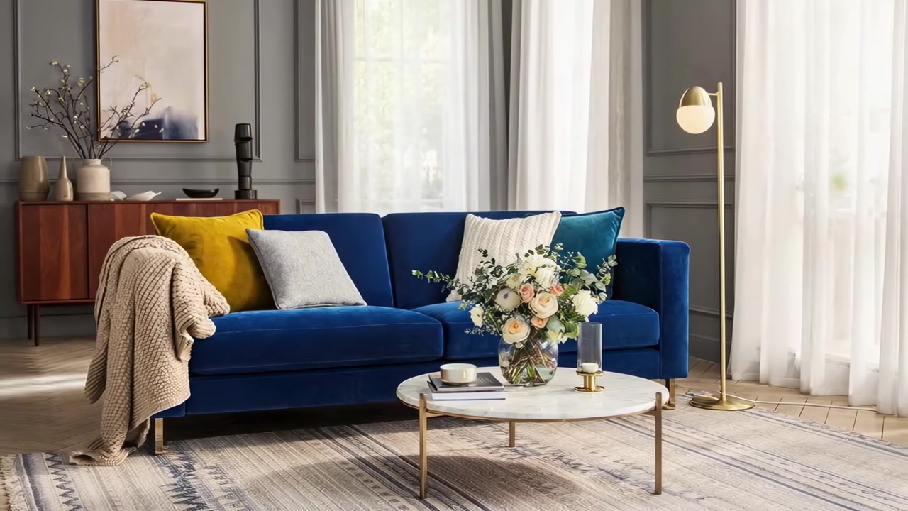 Soggiorno moderno con divano in velluto blu e arredamento elegante