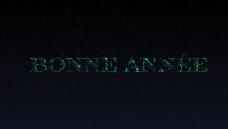 animation of happy new year greetings in shimmering green letters and fireworks