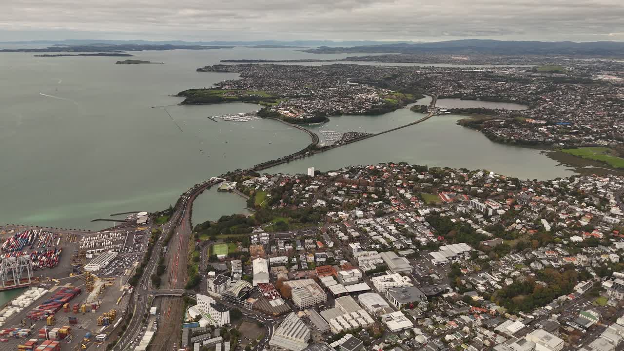Auckland City and harbour, New Zealand. Aerial drone panoramic view
