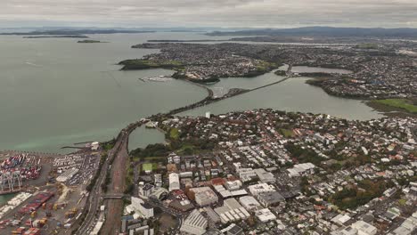 auckland city and harbour, new zealand. aerial drone panoramic view