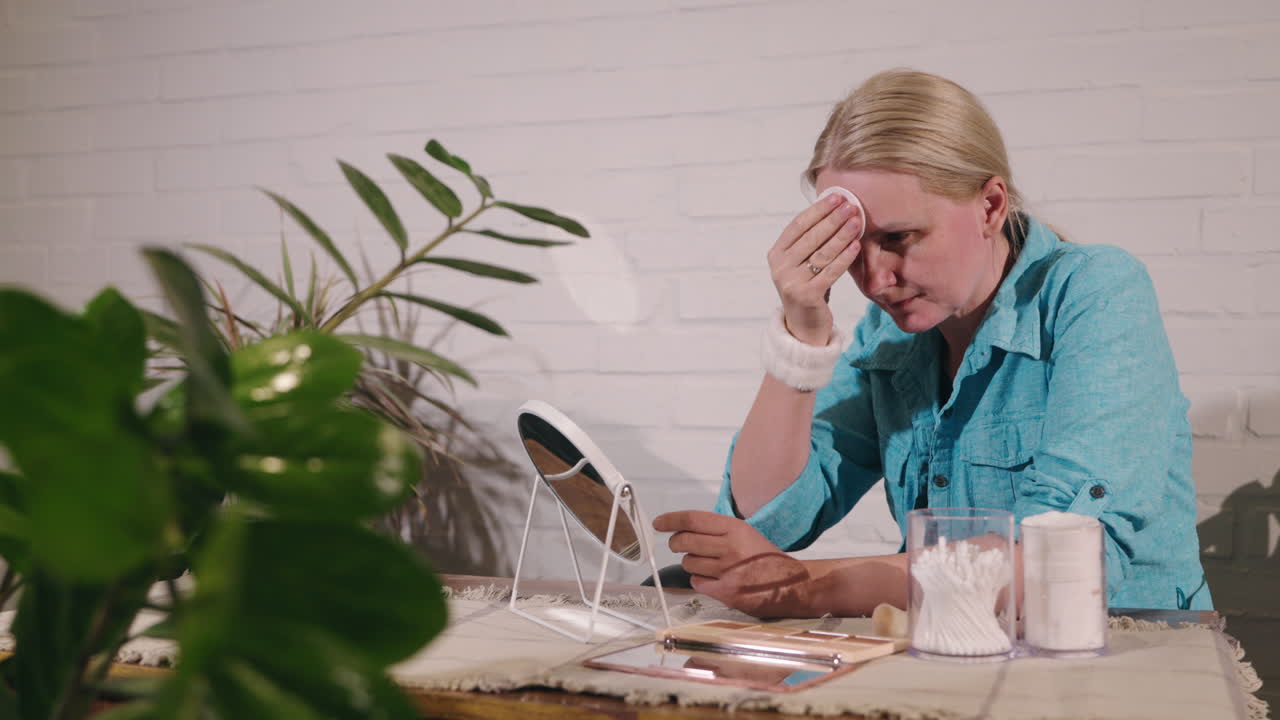 집 에서 메이크업 을 하는 여자