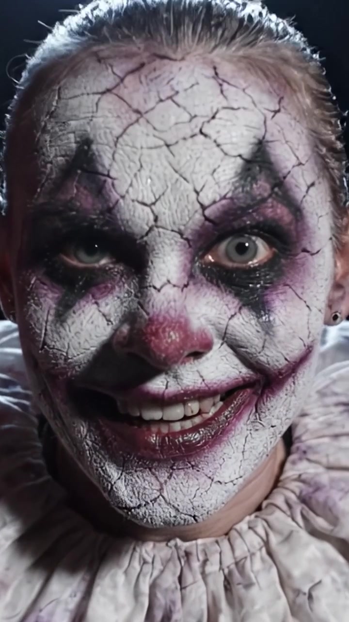 Un incontro inquietante: un clown sinistro rivela un ghigno contorto dietro tende scure e drappeggiate, creando un'atmosfera di mistero presagio e disagio.