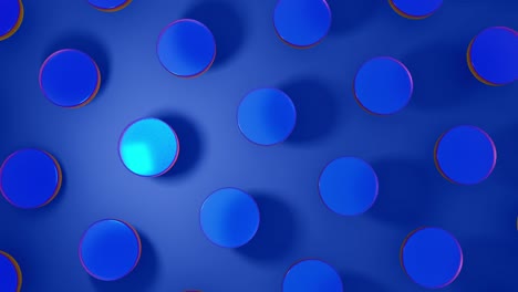 renderización por computadora en 3d de objetos redondos de vidrio de cristal que giran sobre un fondo azul.