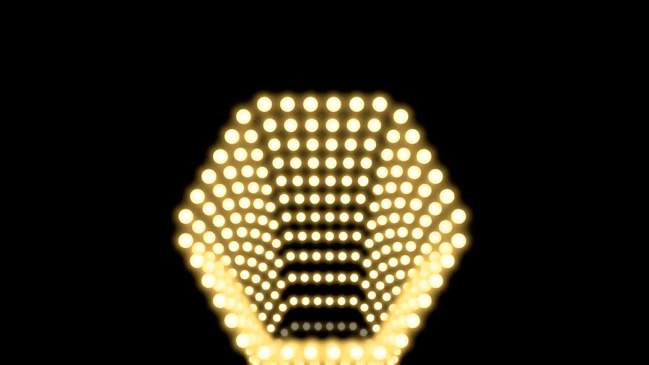Tunnel Incandescent light bulb box frame hexagon shape moving pattern, retro 3D virtual style illustration glow in dark background seamless looping animation 4K, with copy space