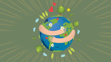 arms hugging earth animation with hearts, trees, and flowers