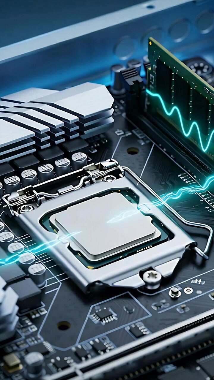 Vertical video: Pulsing teal waveform originating at RAM slot to CPU die on board