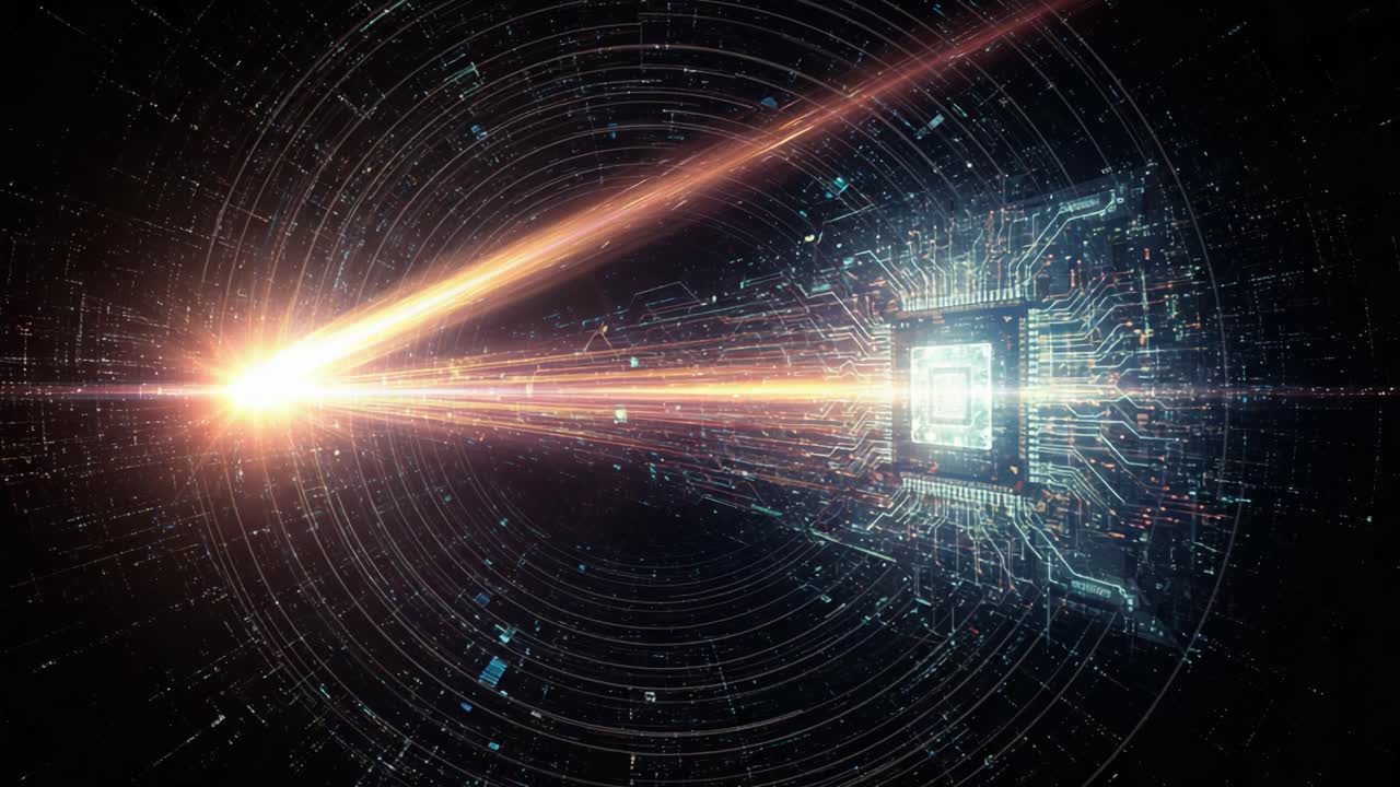 A striking visual journey into a technological realm, showcasing the interaction between light and circuitry, emphasizing the fusion of advanced systems and energy dynamics in a cosmic space