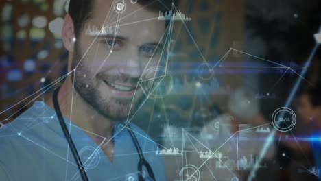 animation of network of connections with data processing over caucasian male doctor using tablet