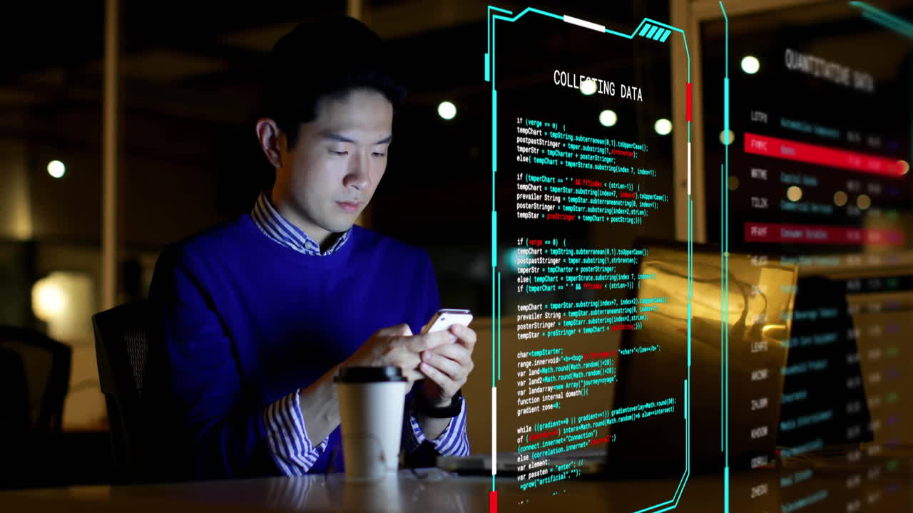 Animation of digital data processing on screens over asian man using smartphone