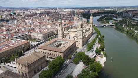 panorama of zaragoza city center overlooking the ebro river in aragon, spain