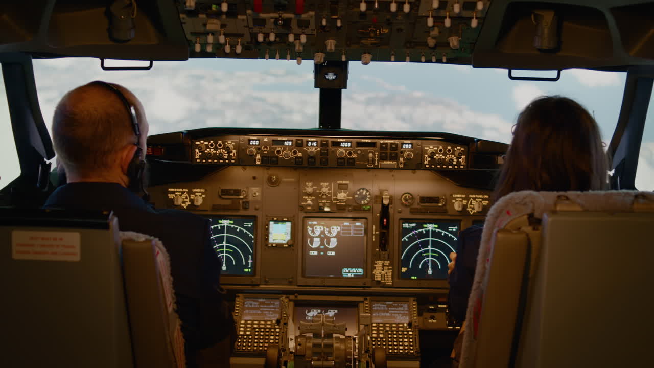 Pilot and woman copilot fixing altitude and longitude on dashboard
