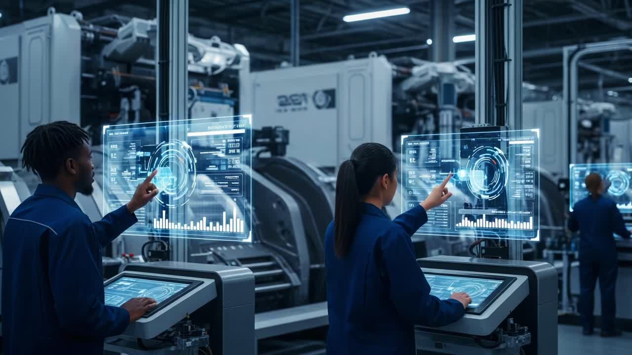 Advanced Technology in Manufacturing: Experts Interact with Innovative Touchscreen Displays Monitoring Production Processes in a High-Tech Facility