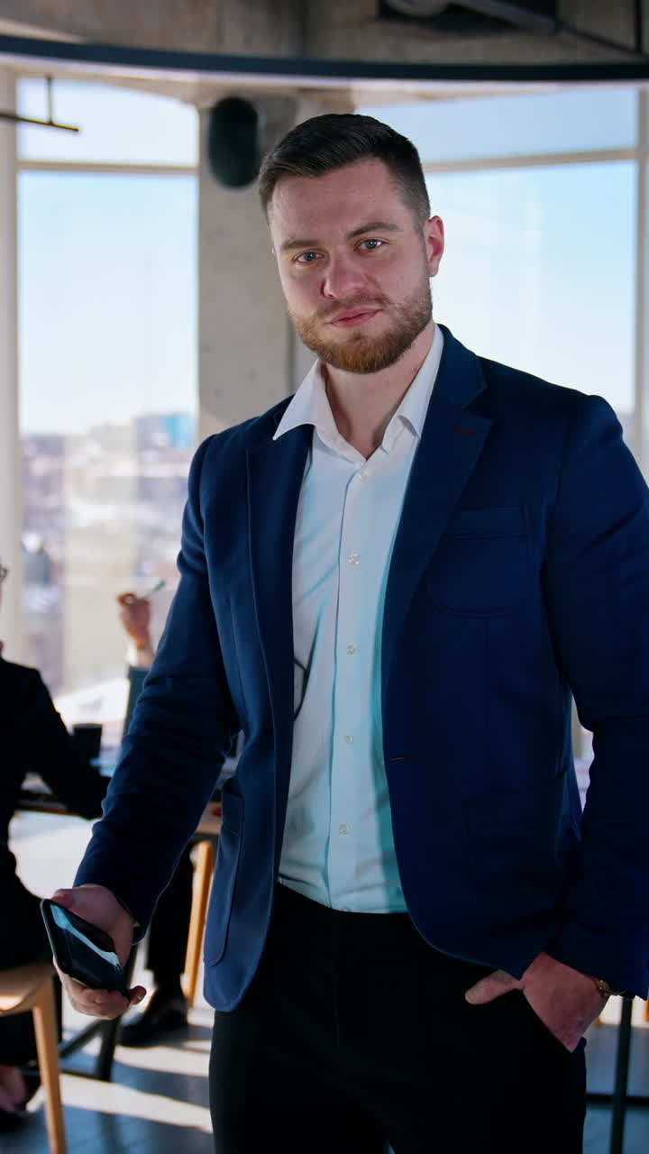 Team of business people meeting in modern office. Business meeting Vertical video