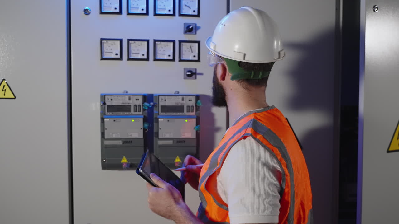 ingeniero eléctrico inspeccionando un panel de control