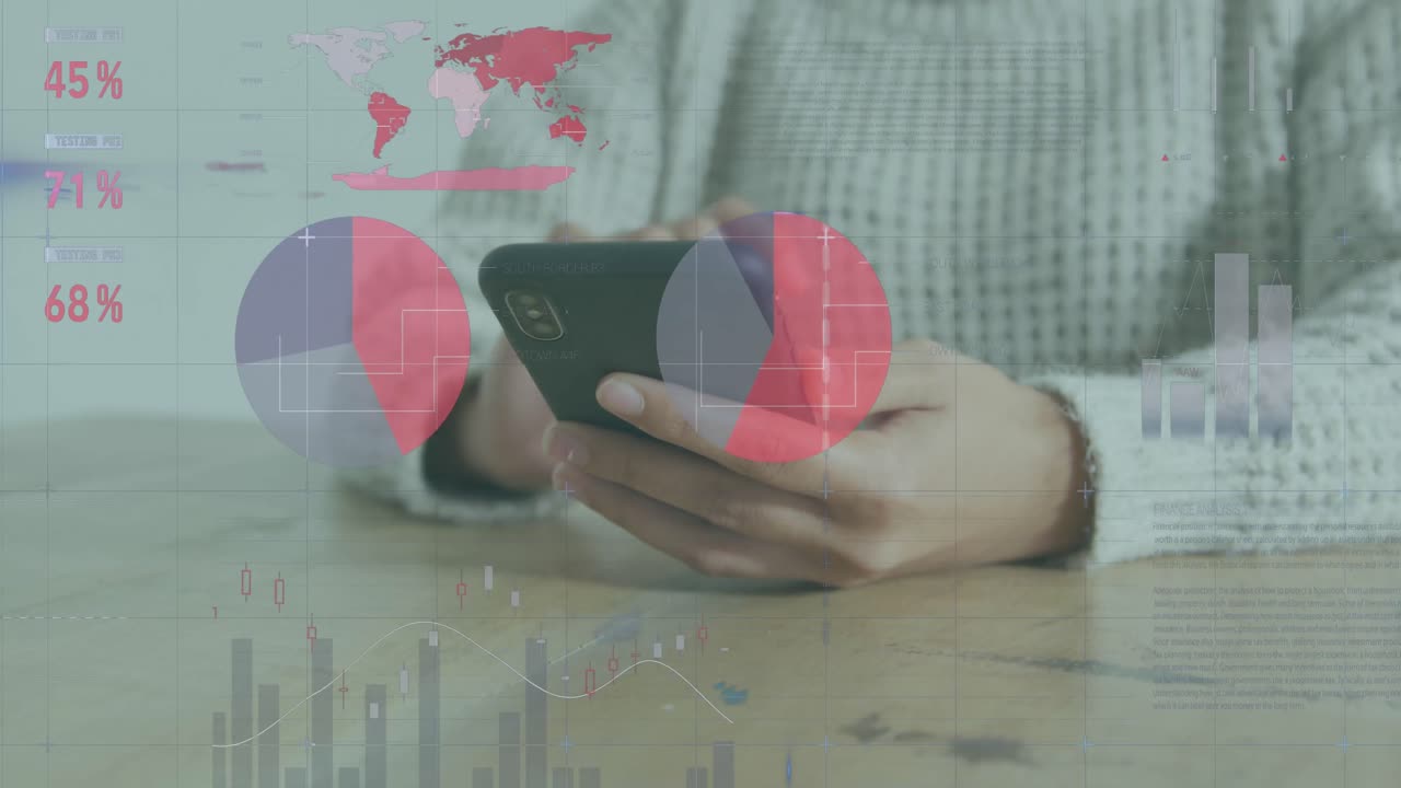 animación del procesamiento de datos sobre una mujer caucásica que usa un teléfono inteligente