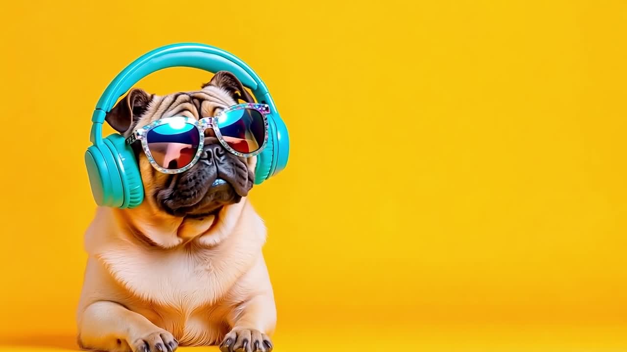 un perro pug con gafas de sol y auriculares en un fondo amarillo