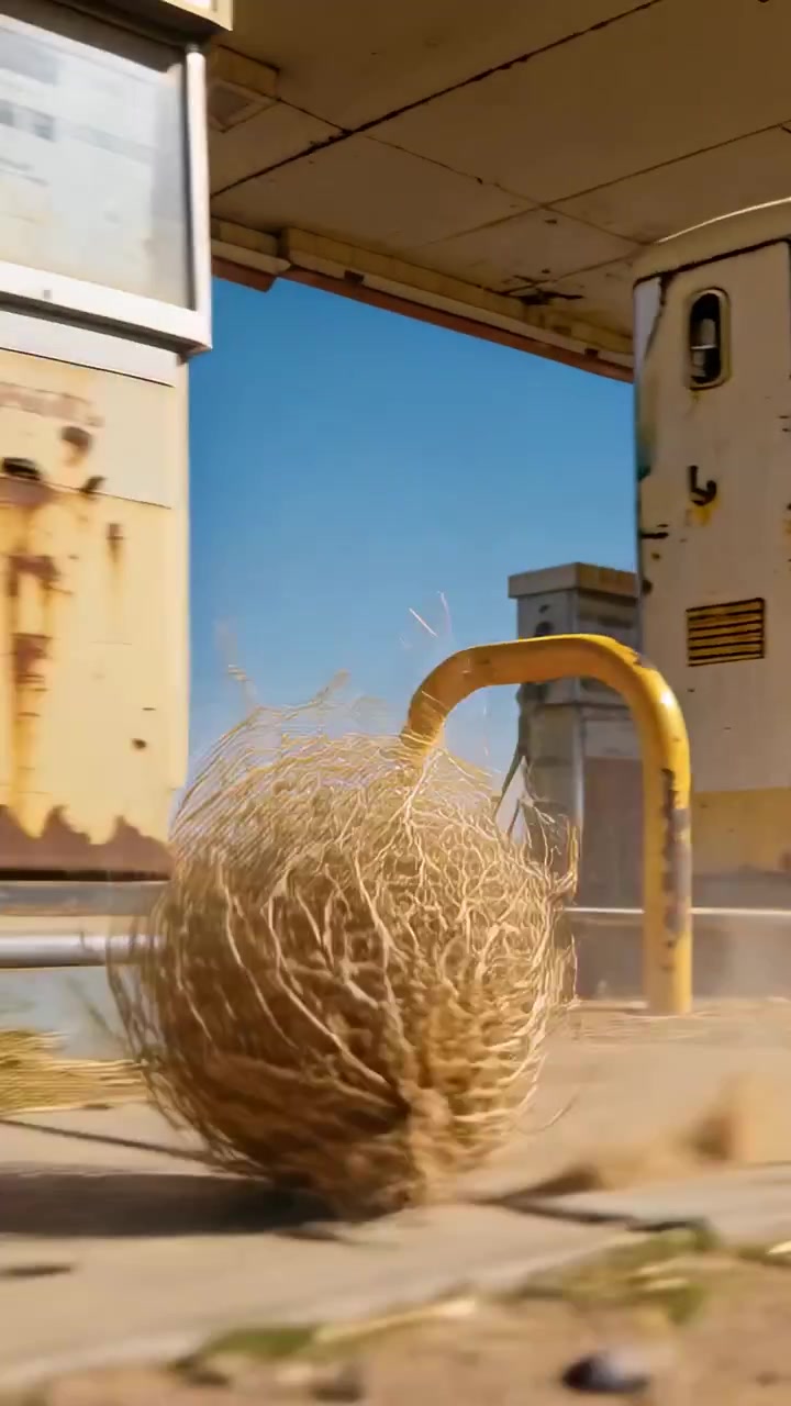 Vertical video: Rolling tumbleweed driven by wind past desert gas station pumps, kicking up dust