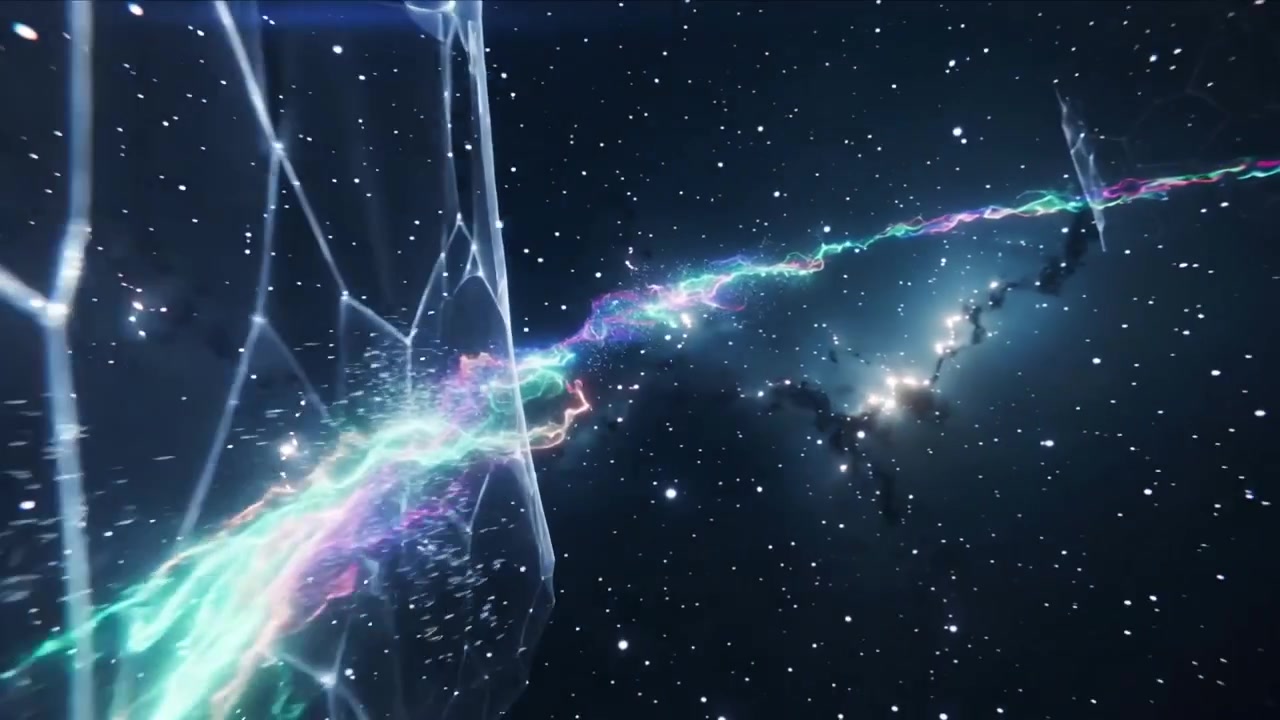 Nodo luminoso che emette un nastro di plasma al neon nello spazio profondo, spingendo la maglia e formando una scia intrecciata.