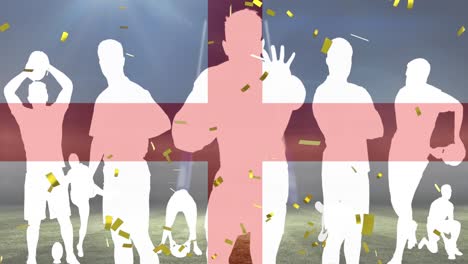 animation of flag of england and confetti over silhouettes of rugby players with ball at stadium