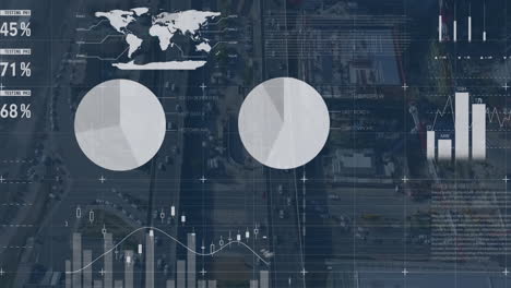 Animation of financial data processing over modern office