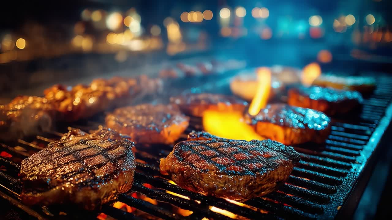 Perfezione del barbecue sfrigolante: bistecche succulente e prelibatezze alla griglia che cuociono su fiamme ardenti, creando un'esperienza culinaria da acquolina in bocca per gli appassionati di grigliate