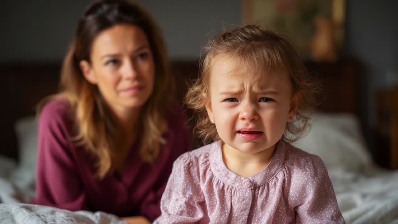 A Moment of Emotional Distress: A Child's Tearful Expression Captured in a Tender Home Scene with a Concerned Mother Observing, Highlighting the Complexities of Parenting and Childhood Emotions