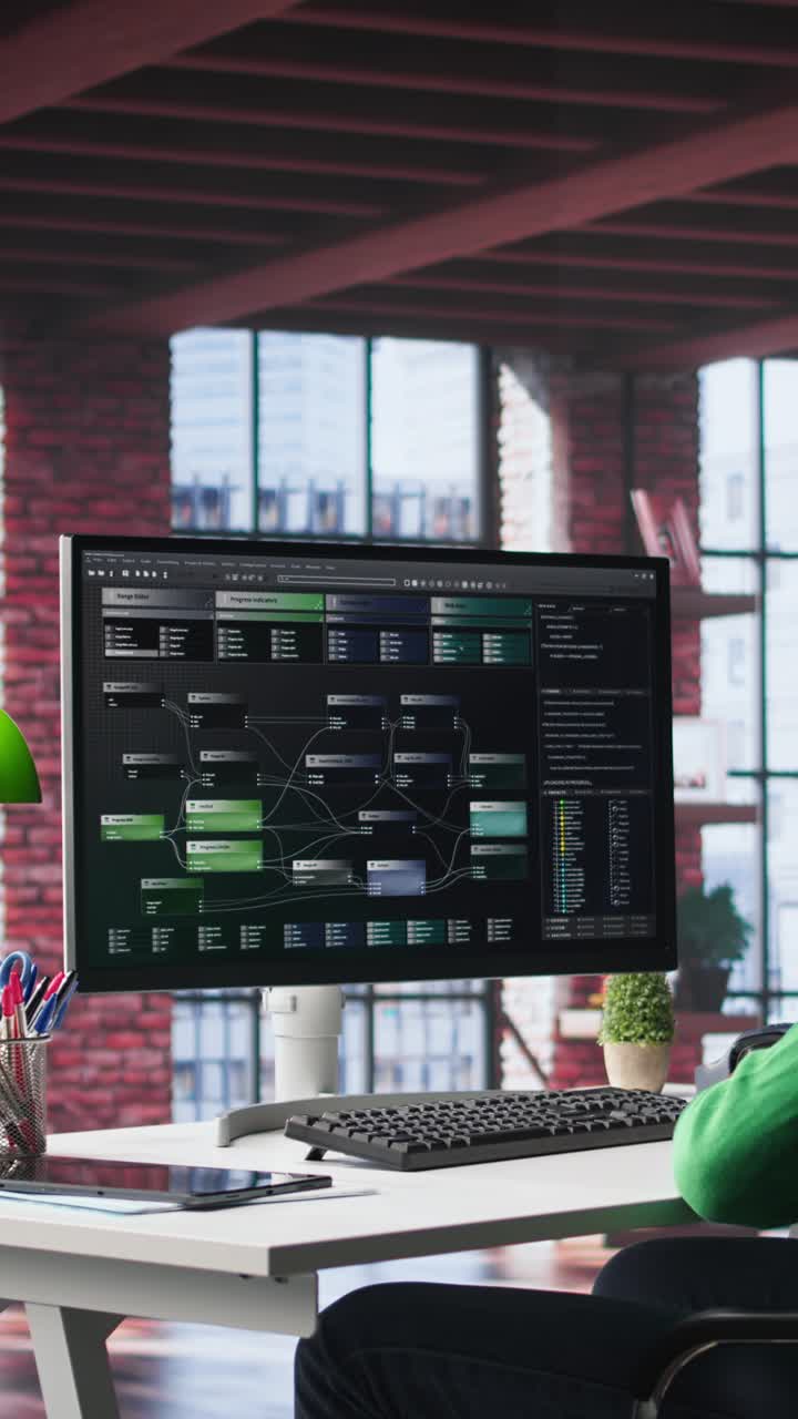 Vertical Video African american engineer at home working on visual coding on terminal window