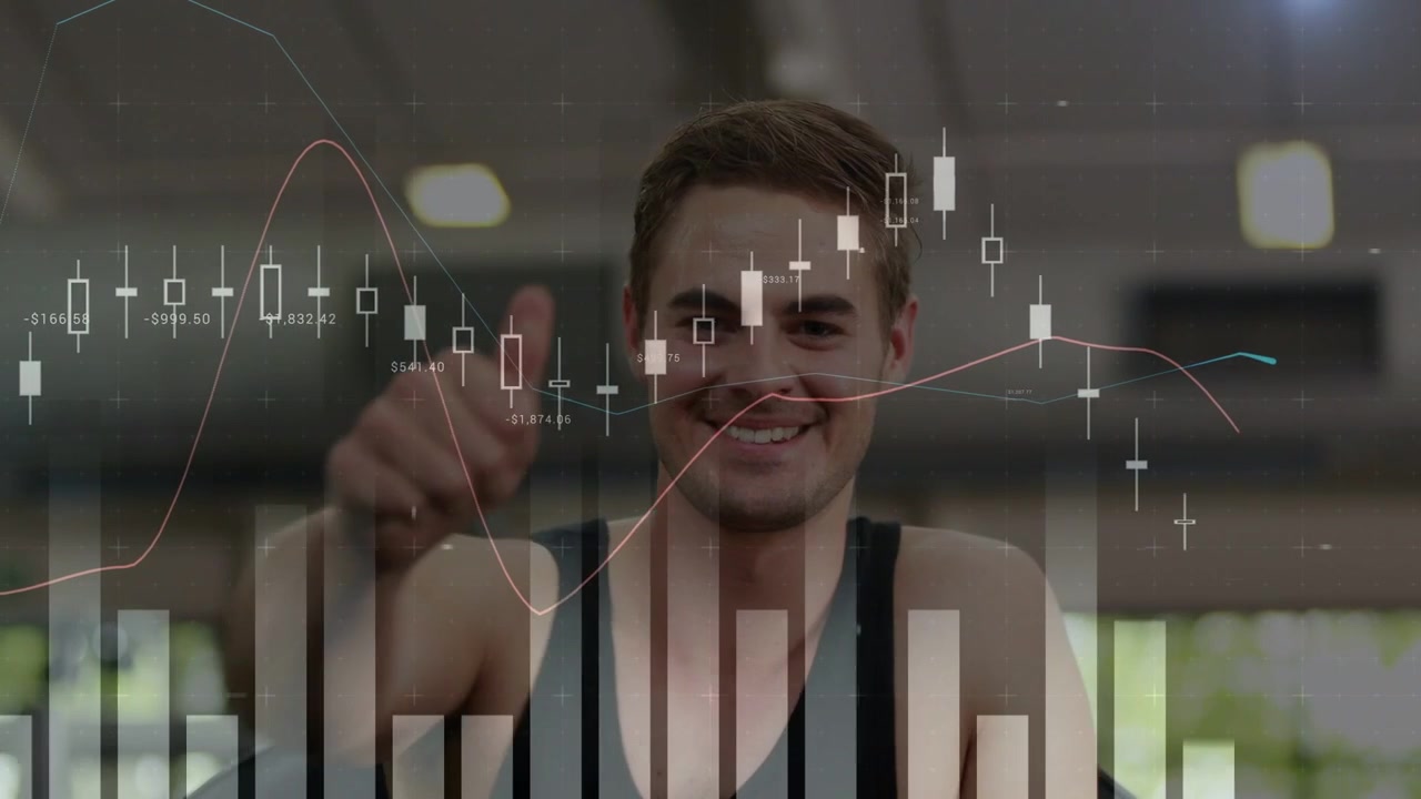 Man gripping handles and launching finance charts overlay while revealing face and giving thumbs-up