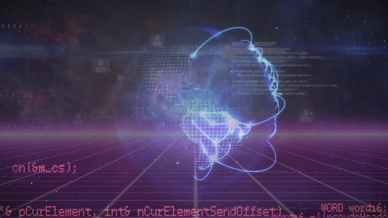 Animation of financial data processing over light trails on dark background