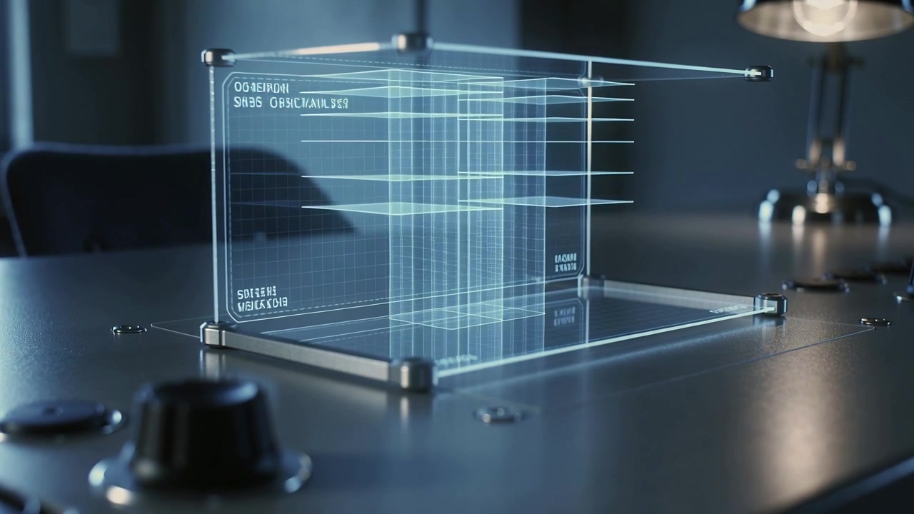 Powering projector, grid hologram forming cubic lattice on metal desk for design with controls