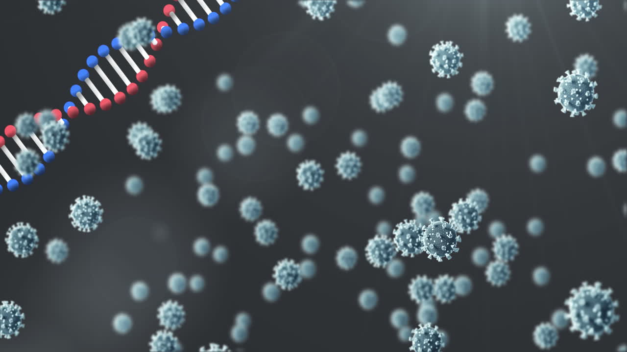 Animazione di una catena di DNA che gira su cellule COVID-19 che cadono su uno sfondo scuro.