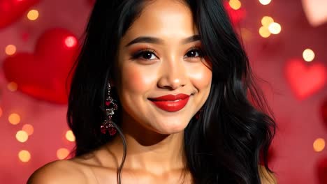 a woman with long black hair and red lipstick smiles at the camera