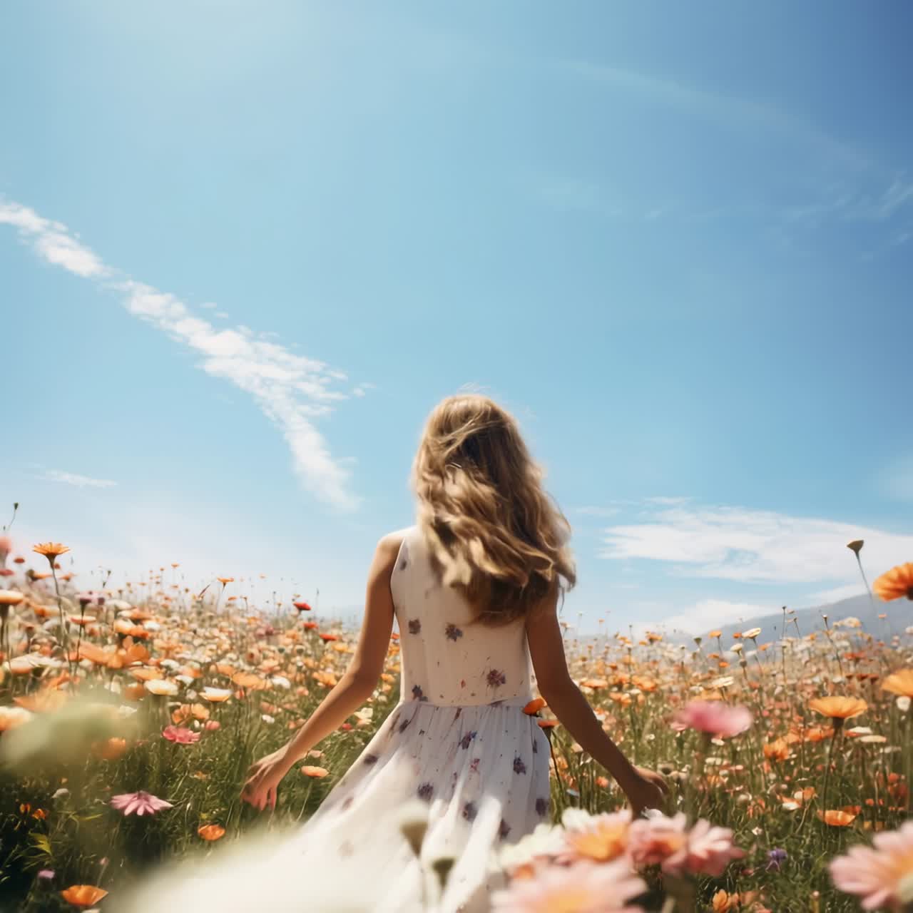 A serene video scene of a woman in a floral dress walking through a vibrant flower field