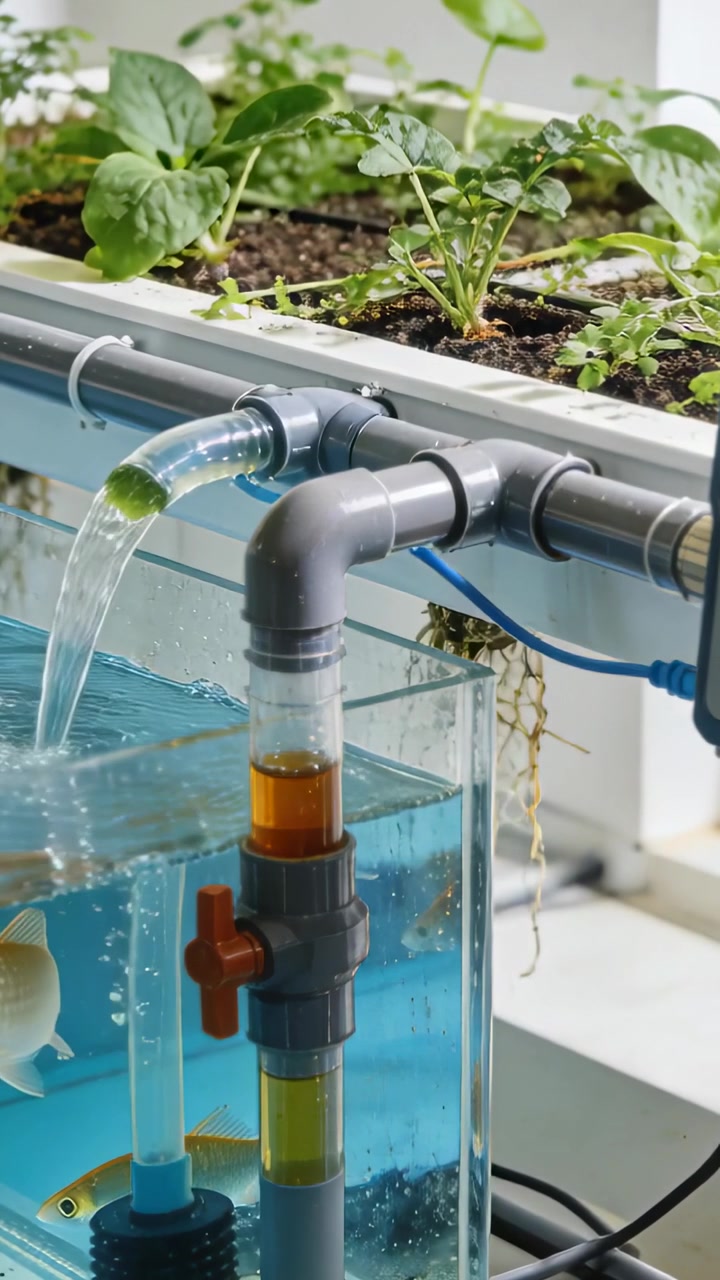 Vertical video: Pouring aquarium return on sill, goldfish moving toward stream, recirculating water