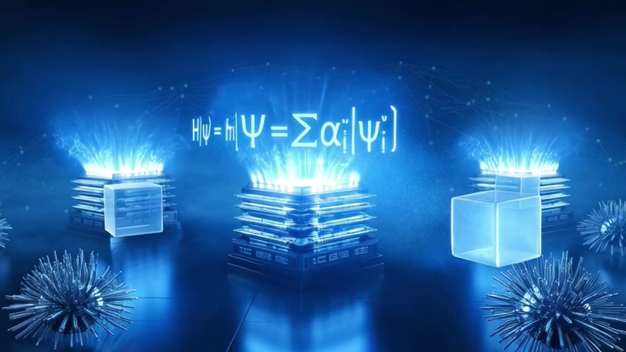 Quantum Computing Concept with Glowing Data Cubes and Mathematical Formulas