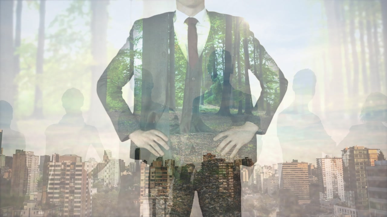 Animação de diversas pessoas de negócios sobre a paisagem urbana