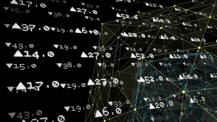 Stock market data processing against globe of network of connections on black background
