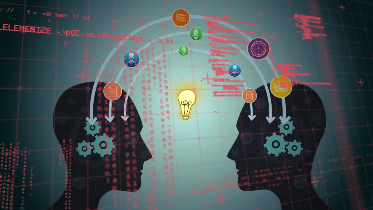Animation of human heads with light bulb, digital icons, cogs and data processing