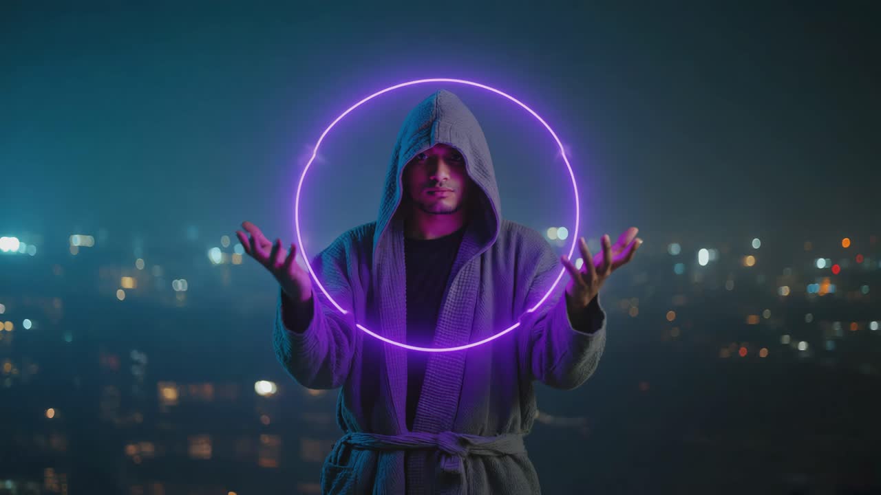 Man with Neon Circle at Night