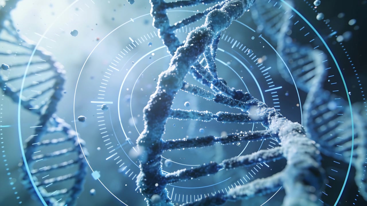 Telecamera che mette a fuoco e scansiona la doppia elica centrale del DNA, avanzando in un fluido CGI, con sovrapposizioni HUD.
