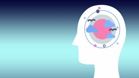 animation of head with cloud and circle over blue background