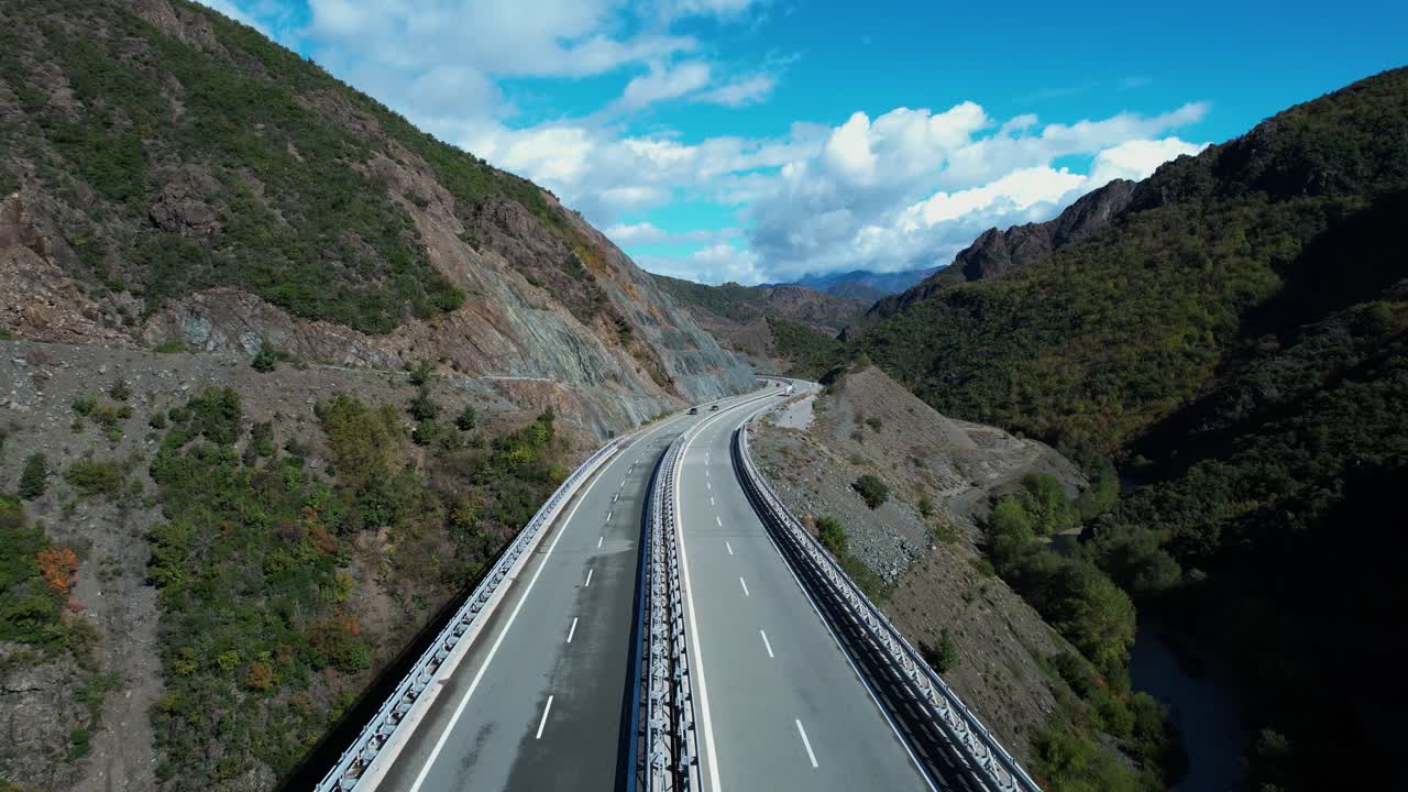 Vehicles Traveling Albania Kosovo Highway Through Beautiful Autumn Mountains and Valleys