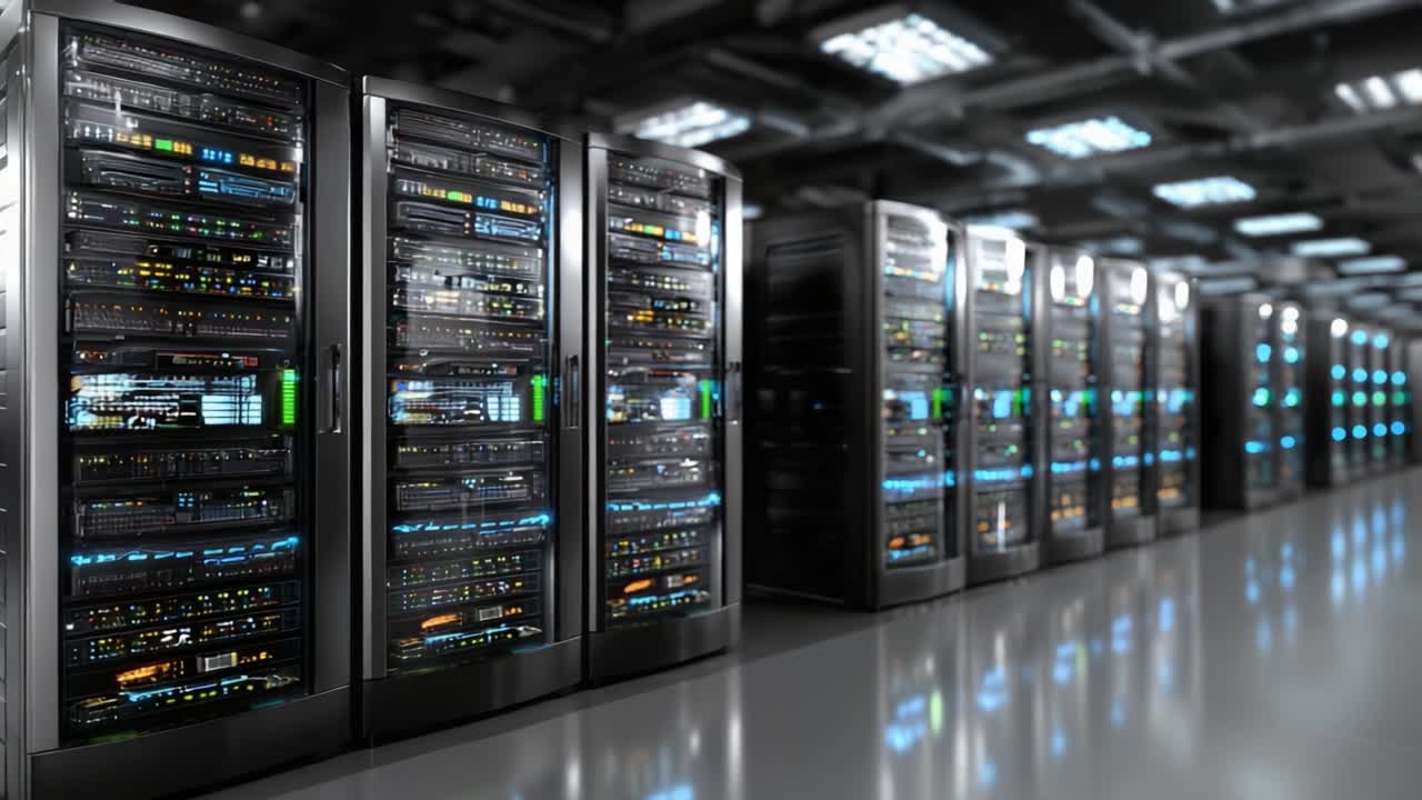 Expansive Data Center Featuring Rows of High-Performance Servers with Illuminated Panels and Advanced Configurations for Optimized Processing Capabilities