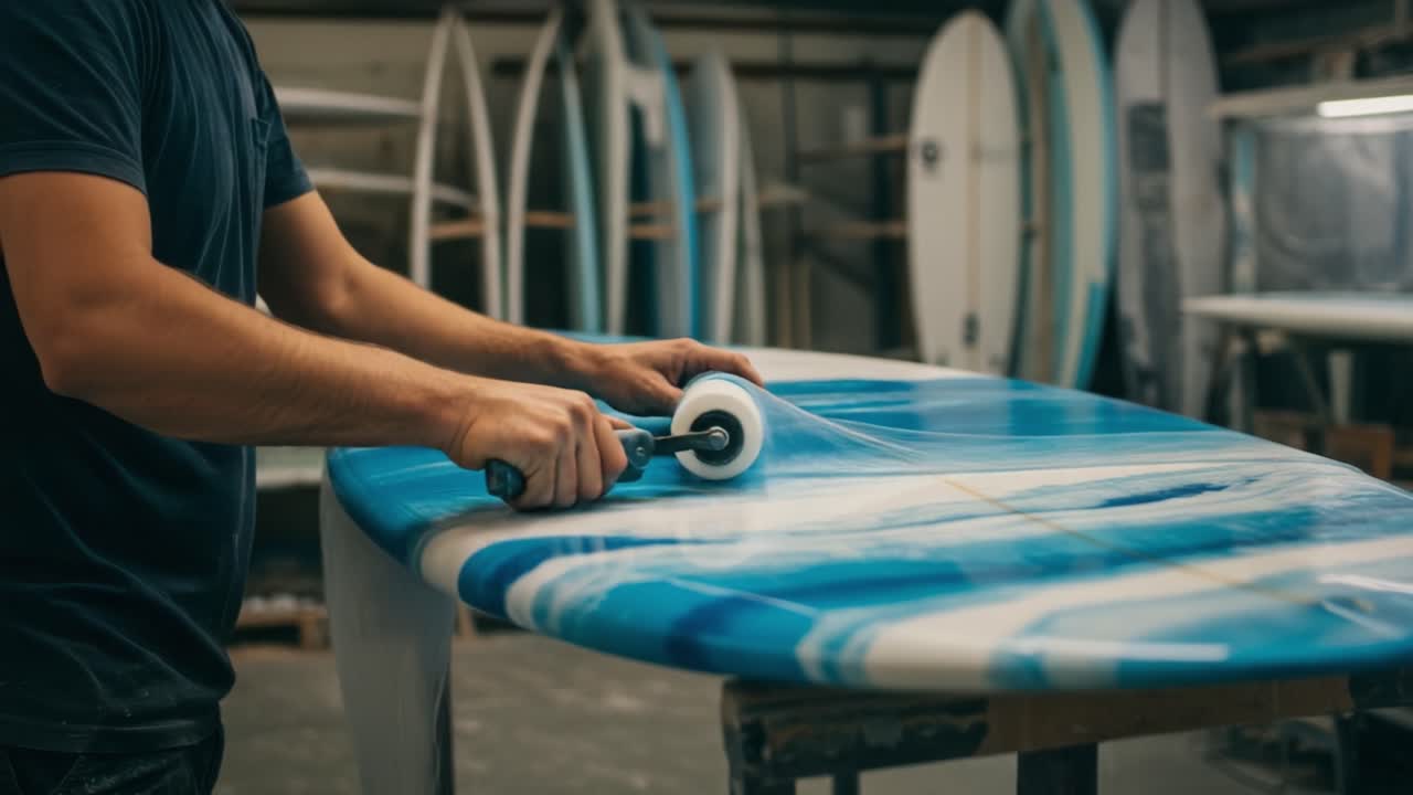 Criando uma prancha de surf: a arte das técnicas de acabamento na fabricação de pranchas de surf, demonstrando habilidade e precisão com designs de resina azulada