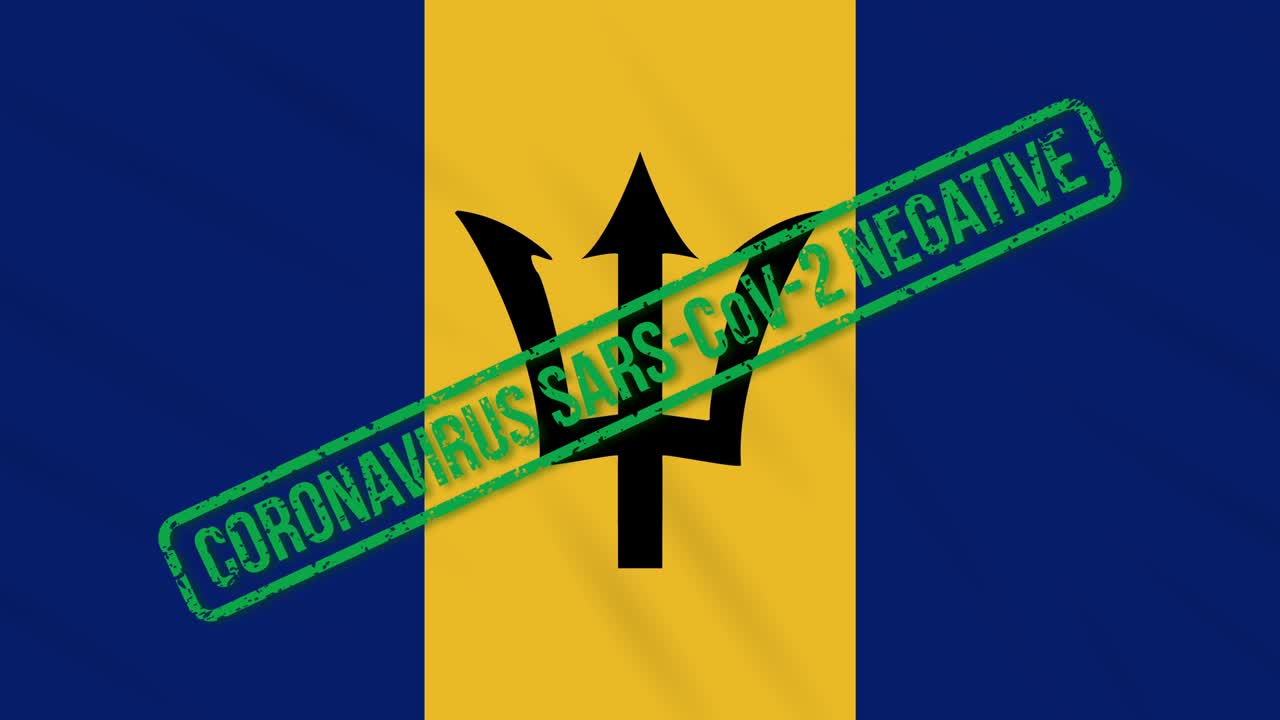 barbados balanceando la bandera con el sello verde de la libertad del coronavirus, bucle