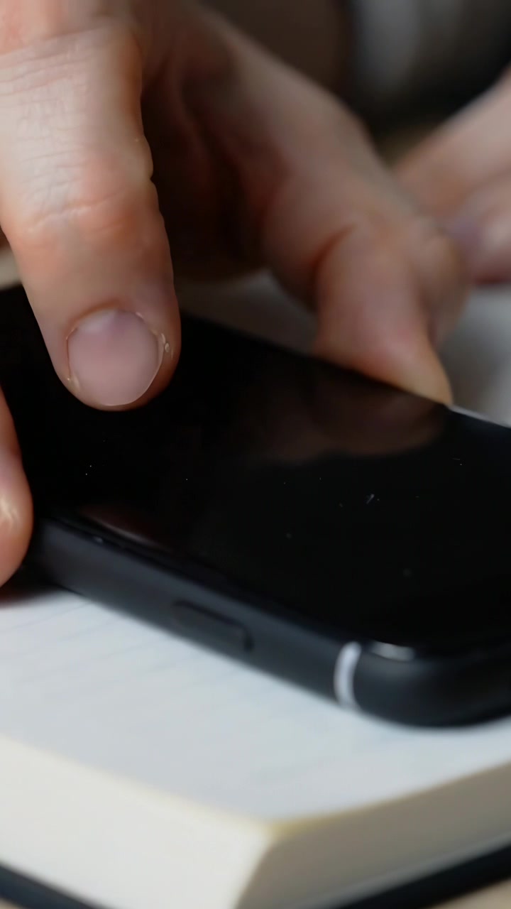 Video verticale: Mano che tocca e trascina uno smartphone con custodia scura sulla scrivania, quaderno a righe